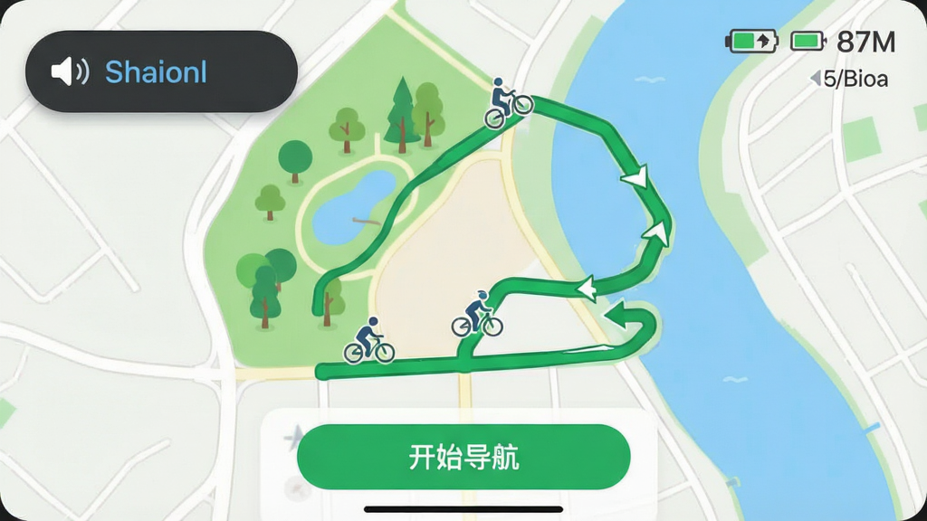 主体:手机地图导航界面,显示一条绿色骑行路线,途经公园和河流。布局:地图占屏幕大部分,底部有“开始导航”按钮,左上角有语音播报悬浮窗。排版:地图风格简洁,路线清晰标注“推荐路线”。风格:扁平化设计,色彩清新。细节:路线上有骑行小人图标,转弯处有箭头提示,右上角显示电量与距离。画质:高清,干净,无多余元素。
