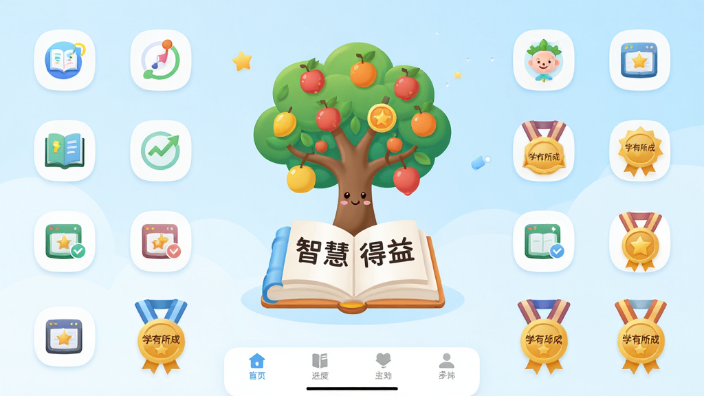 主体:智慧得益APP界面展示,中央是卡通风格的书本与智慧树,周围环绕着学习进度图标和奖章。布局:居中对称,留白充足,背景为淡蓝色渐变。排版:扁平化设计,图标整齐排列,底部有导航栏。风格:清新活泼,适合教育类应用。细节:书本上写有“智慧得益”四个字,智慧树挂满知识点果实,奖章带有“学有所成”字样。画质:高清渲染,干净,无多余元素。