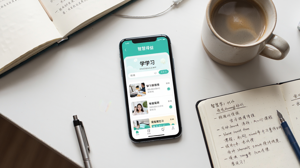 主体:一部手机放在书桌上,屏幕显示智慧得益APP的学习页面,旁边有一杯咖啡和笔记本。布局:俯拍视角,手机居中,周围有学习用品。排版:自然随意,光线柔和。风格:生活化,温馨。细节:手机屏幕上有“智慧得益”字样和课程列表,笔记本上写有笔记。画质:高清,干净,无多余元素。