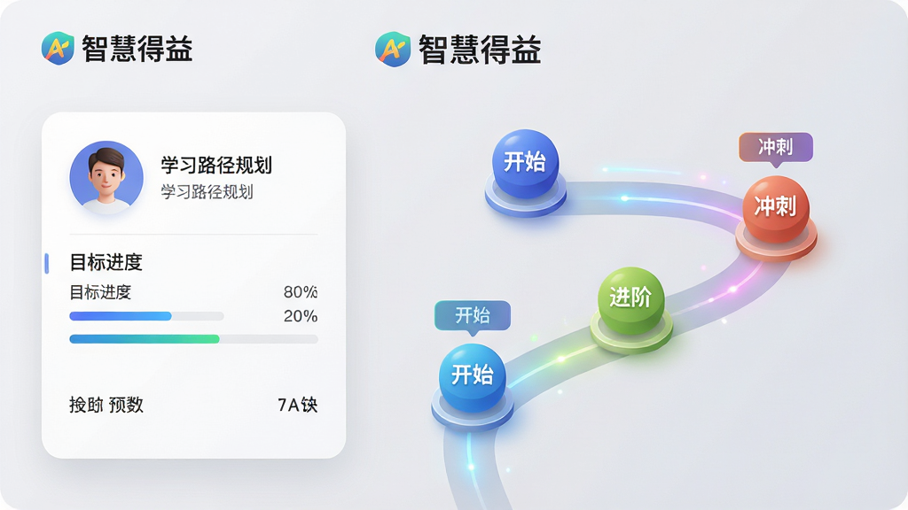 主体:智慧得益APP的学习路径规划界面,左侧显示用户头像与目标进度,右侧是一条蜿蜒的路径,路径上分布着不同颜色的节点。布局:左右结构,左侧信息卡片,右侧路径图。排版:信息层级分明,节点图标有立体感。风格:科技感与现代感结合,背景为浅灰色。细节:路径节点上标注“开始”、“进阶”、“冲刺”等字样,顶部有“智慧得益”的Logo。画质:高清,细节丰富,干净整洁。