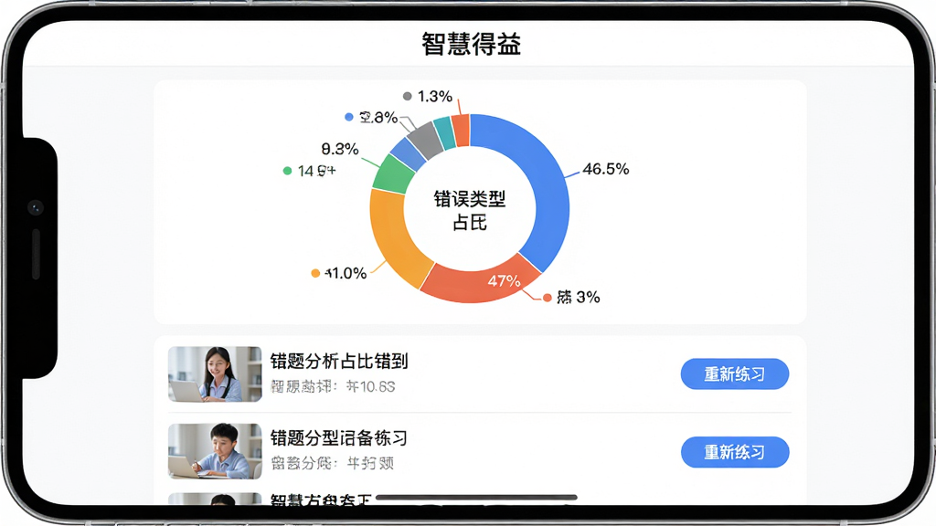 主体:智慧得益APP的错题分析界面,中央是一个圆形统计图,显示错误类型占比,下方是错题列表。布局:上方图表,下方列表,左右均衡。排版:数据可视化清晰,列表项有缩略图。风格:简洁商务,背景为白色。细节:图表颜色区分,错题列表右侧有“重新练习”按钮,顶部有“智慧得益”字样。画质:高清,无多余元素。