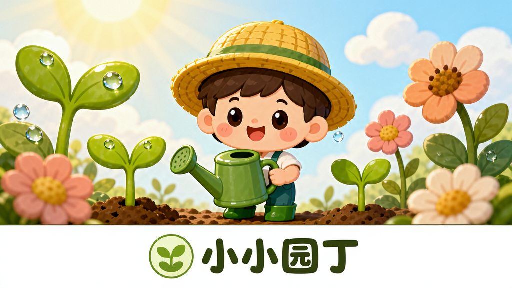 主体:一名可爱的卡通小园丁形象,戴着黄色草帽,手持绿色喷壶,周围环绕着破土而出的嫩芽和盛开的花朵。布局:中心构图,人物位于画面中央偏下,植物元素呈环绕分布。排版:画面下方预留空白区域,用于放置“小小园丁”字样及图标。风格:清新卡通,色彩明亮,线条圆润,适合儿童审美。细节:植物叶片上有晶莹的水珠,背景是柔和的阳光和蓝天白云。画质:高清,干净,无多余元素。