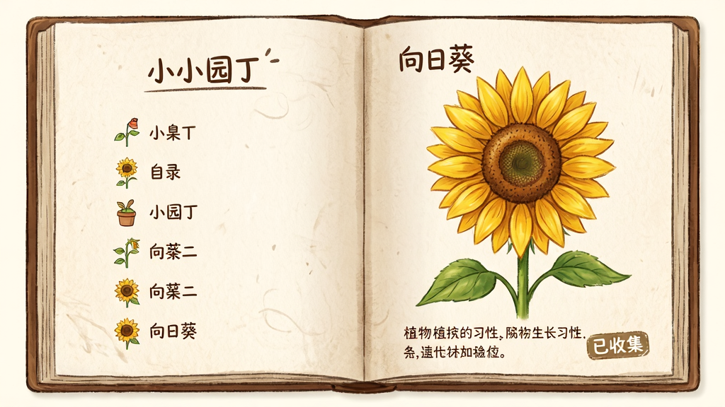 主体:翻开的一本电子图鉴,左侧页面显示“小小园丁”植物图鉴的目录,右侧页面展示一朵向日葵的高清大图及文字介绍。布局:左右对称排版,左侧为列表,右侧为详情。风格:手绘插画风格,纸张纹理背景,温馨自然。细节:图鉴页面有“向日葵”字样和简短的生长习性说明,下方有“已收集”标签。画质:细腻,干净。