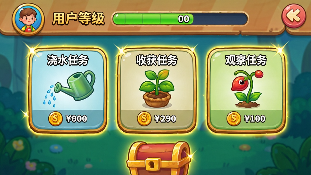 主体:小小园丁的成长任务界面,顶部显示用户等级和进度条,中间列出三个任务卡片,底部有奖励宝箱。布局:垂直排列,任务卡片采用圆角矩形设计。风格:卡通游戏UI,色彩活泼,带有金色高亮。细节:任务卡片分别显示“浇水任务”“收获任务”“观察任务”,并标注奖励金币数量。画质:高清,无多余元素。