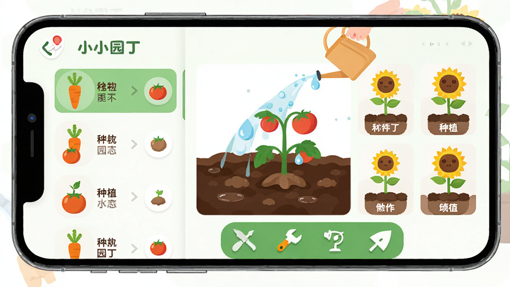 主体:手机屏幕中显示“小小园丁”应用的种植界面,画面中有胡萝卜、番茄、向日葵等植物在不同生长阶段的图示。布局:左侧为植物状态列表,右侧为种植操作区域,底部有工具图标。排版:界面简洁清晰,功能图标带有中文标签。风格:扁平化UI设计,色彩鲜艳明快。细节:一株番茄苗正在被水滴浇灌,土壤呈现湿润的深褐色,画质清晰干净。
