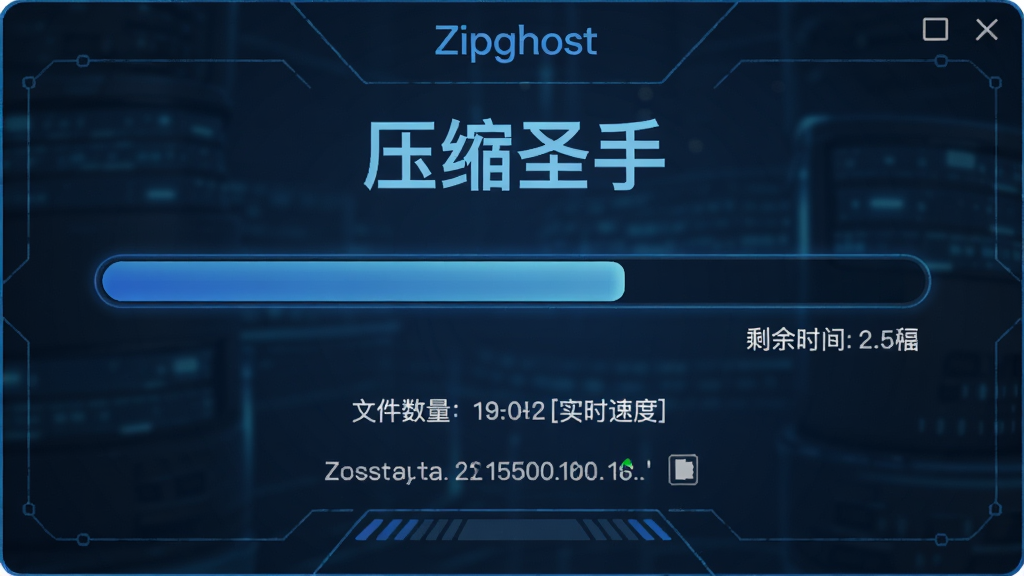 主体:压缩圣手(Zipghost)压缩进度界面,布局:中央显示进度条和实时速度,排版:简洁直观,风格:科技感蓝色调,细节:界面显示“压缩圣手”字样、文件数量、剩余时间,画质:高清、干净、无多余元素