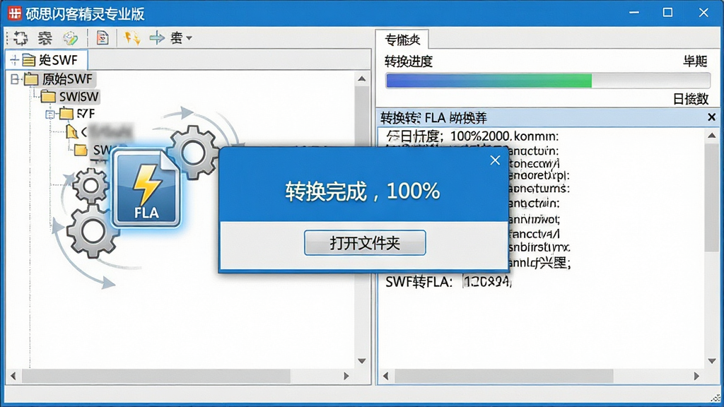 主体:硕思闪客精灵 专业版软件内正在进行SWF转FLA操作;布局:左侧显示原始SWF文件结构树,右侧显示转换进度条与日志;排版:弹窗提示