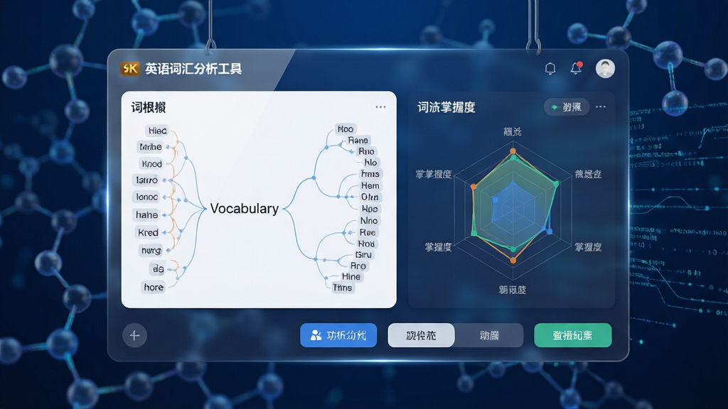 主体:一款名为“英语词汇分析工具”的软件界面悬浮在深蓝色科技背景中央,界面展示单词“Vocabulary”的词根树状图分析。布局:软件界面为视觉中心,左侧是清晰的词根词缀拆解列表,右侧是雷达图展示词汇掌握度,底部有功能按钮。排版:界面采用卡片式布局,信息层级分明,留白得当。风格:现代扁平化结合微拟物,科技感与教育感并重。细节:屏幕反射出柔和光线,背景有隐约的分子结构或数据流线条,突出智能分析特性。画质:8K超高清渲染,细节丰富,色彩饱和且干净无多余元素。
