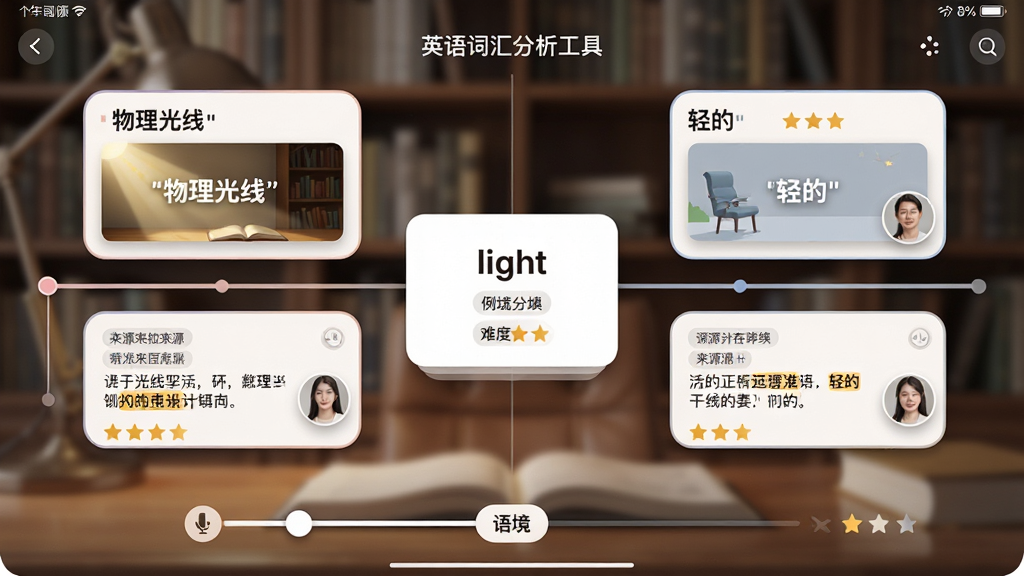 主体:“英语词汇分析工具”的平板端界面,显示单词“light”在不同语境下的例句对比,左侧是“物理光线”例句配图,右侧是“轻的”例句配图。布局:左右分屏对比设计,中间是单词释义卡片,底部滑动条显示语境分类。排版:界面采用时间线式布局,每条例句带有来源标签和难度星级。风格:清新杂志排版风格,圆角卡片,柔和投影。细节:例句关键词加粗显示,并配有真人发音按钮图标,背景是模糊的书房环境。画质:4K高清,色彩柔和舒适,画面干净无多余元素。