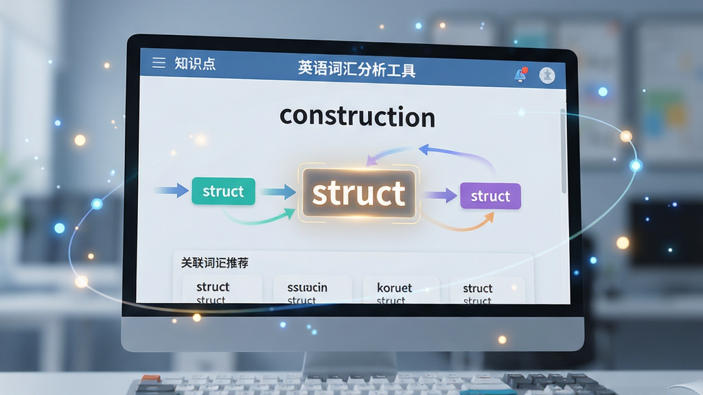 主体:电脑屏幕特写,屏幕中“英语词汇分析工具”正在展示单词“construction”的词根拆解动画,词根“struct”高亮发光。布局:屏幕占据画面三分之二,周围有代表知识点的光点环绕,下方是键盘一角。排版:屏幕内界面简洁,上方是单词,中部是拆解流程图,下方是关联词汇推荐。风格:CG渲染,科技教育风格,光线明亮通透。细节:拆解过程中的每个部分都有不同颜色标记,并有平滑的连接线动画,背景虚化处理突出主体。画质:超清画质,细节锐利,色彩精准,画面干净无多余元素。