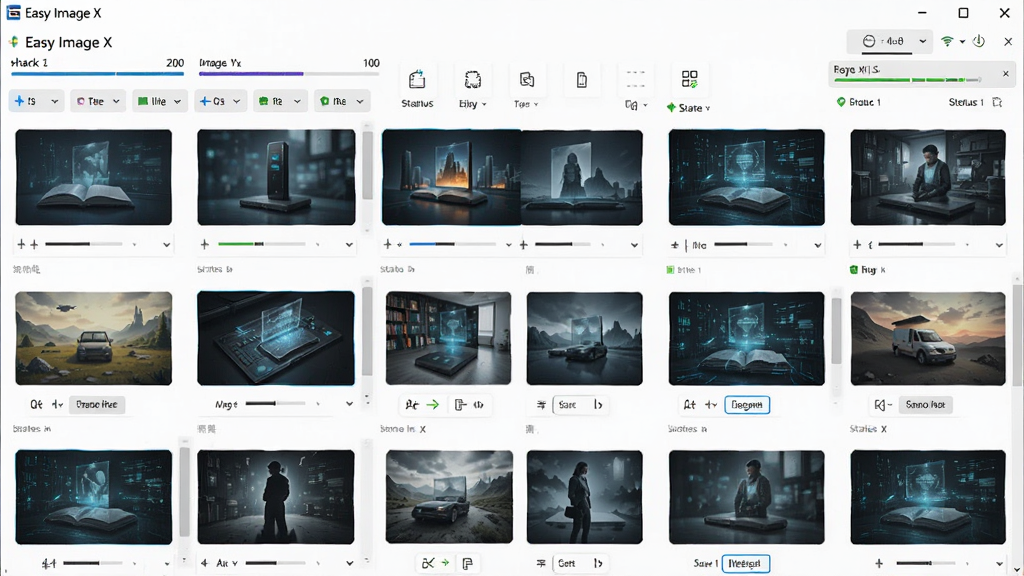 主体为Easy Image X软件批量处理界面,布局为多张图片缩略图网格排列,排版整齐,风格科技感,细节显示进度条和状态标签,画质清晰,干净,无多余元素