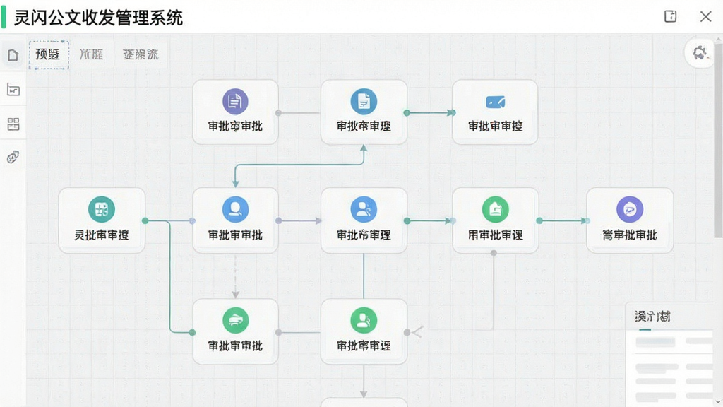 一张灵闪公文收发管理系统的工作流设计器界面预览图,显示多个审批节点用线条连接,节点上有图标和文字标签,背景为浅灰色网格,整体风格简洁专业,带有“灵闪公文收发管理系统”字样,画质干净,无多余元素