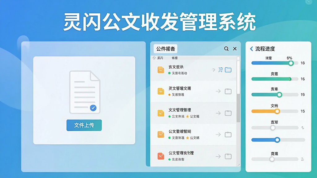 一幅灵闪公文收发管理系统的公文收发操作界面设计图,画面中央显示文件上传区域和公文列表,右侧有流程进度条,风格扁平化,色彩清新,带有“灵闪公文收发管理系统”字样,画质清晰,无多余元素