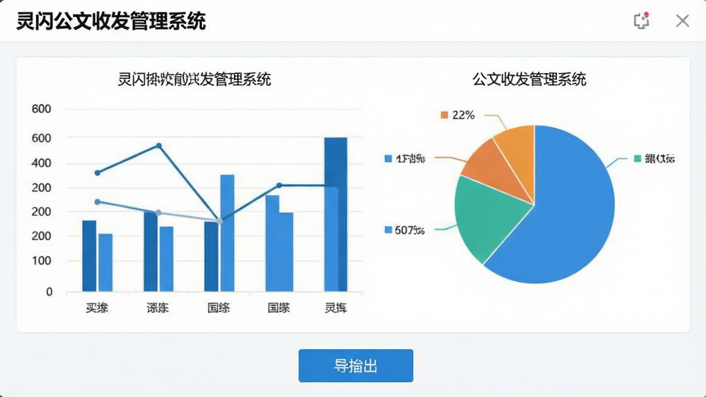 灵闪公文收发管理系统的统计报表功能截图,画面显示柱状图和饼图,图表下方有导出按钮,整体风格简洁清晰,带有“灵闪公文收发管理系统”字样,画质干净,无多余元素