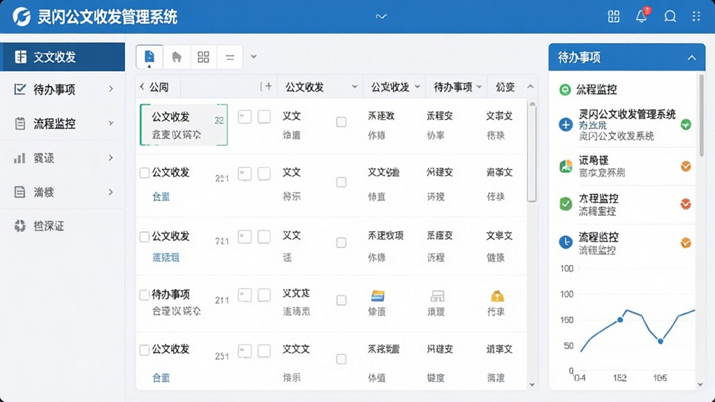 一张展示灵闪公文收发管理系统主界面的高清截图,界面布局清晰,左侧为功能导航栏,右侧为公文列表和待办事项面板,整体风格简洁商务,以蓝色和白色为主色调,文字标签包括“公文收发”、“待办事项”、“流程监控”,画质干净,无多余元素