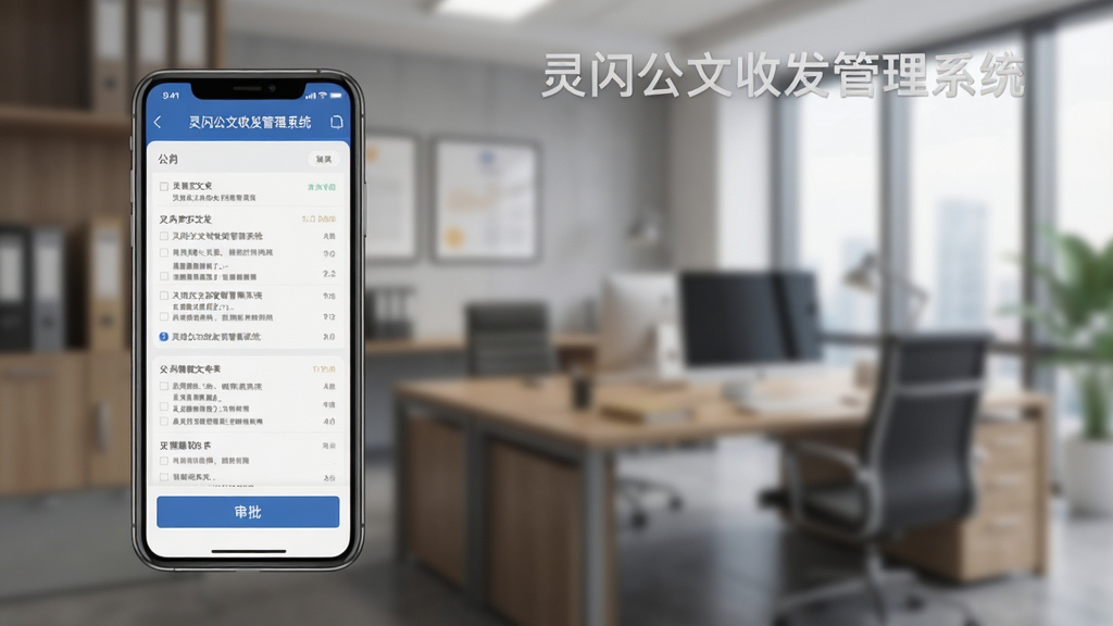灵闪公文收发管理系统移动端应用界面展示图,手机屏幕显示公文列表和审批按钮,背景有模糊的办公室场景,整体风格商务且现代,带有“灵闪公文收发管理系统”字样,画质干净,无多余元素