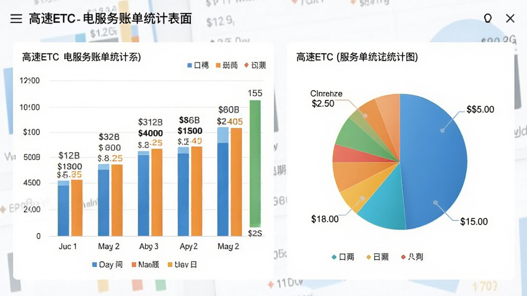 主体为高速ETC电服务账单统计界面截图,屏幕显示柱状图与饼图,图表配色鲜艳,背景为白色,布局错落有致,排版专业,风格简约商务,细节标注月份与金额,画质高清,干净无多余元素。