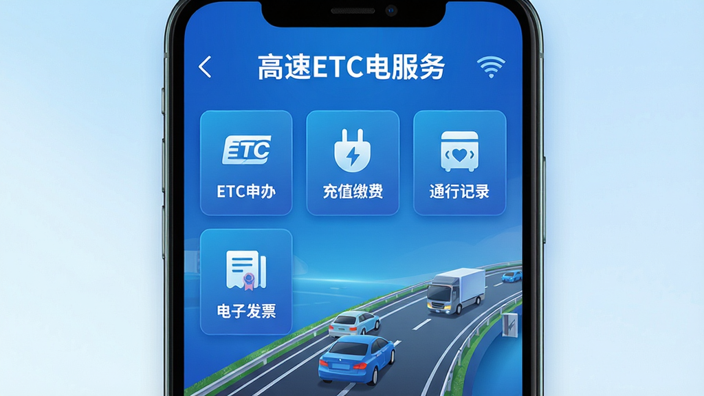 主体为智能手机屏幕展示高速ETC电服务主界面,界面采用蓝色科技风格,顶部显示“高速ETC电服务”字样,下方排列图标模块包括ETC申办、充值缴费、通行记录、电子发票等,布局简洁清晰,排版整齐,卡片式设计,背景为渐变蓝,配以车辆行驶的高速公路插画,细节丰富,画质高清干净无多余元素。