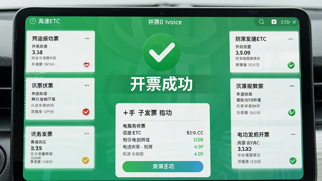 主体为高速ETC电服务发票开具成功界面,屏幕中央显示“开票成功”字样,背景为绿色对勾图标,周围有发票详情字段,布局居中,排版整洁,风格清新,细节展示电子发票样式,画质干净无多余元素。