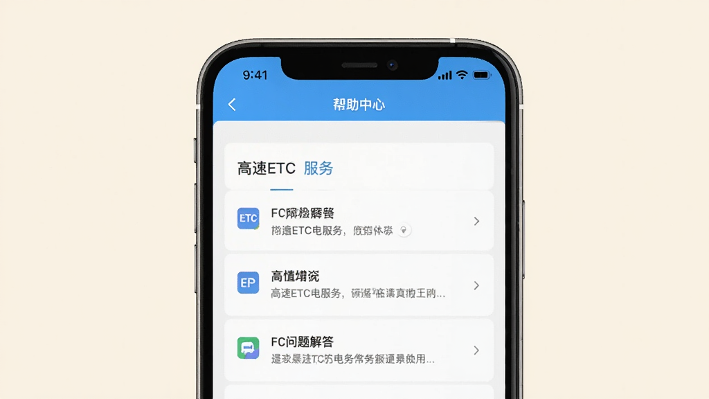 主体为手机展示高速ETC电服务常见问题解答页面,屏幕显示“帮助中心”列表,背景为浅色,布局居中,排版整齐,风格简洁,细节包含FAQ条目,画质干净无多余元素。