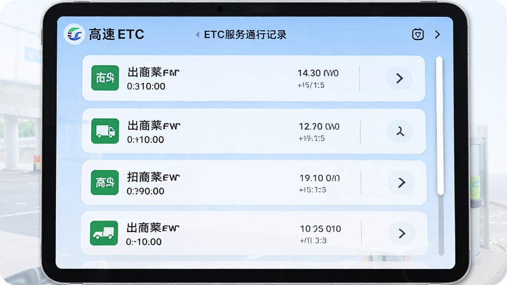 主体为高速ETC电服务通行记录列表界面,屏幕显示多条记录卡片,每条记录包含出入口站名与时间,背景为浅蓝渐变,布局列表式,排版简洁,风格清爽,细节展示滚动条,画质细腻干净无多余元素。