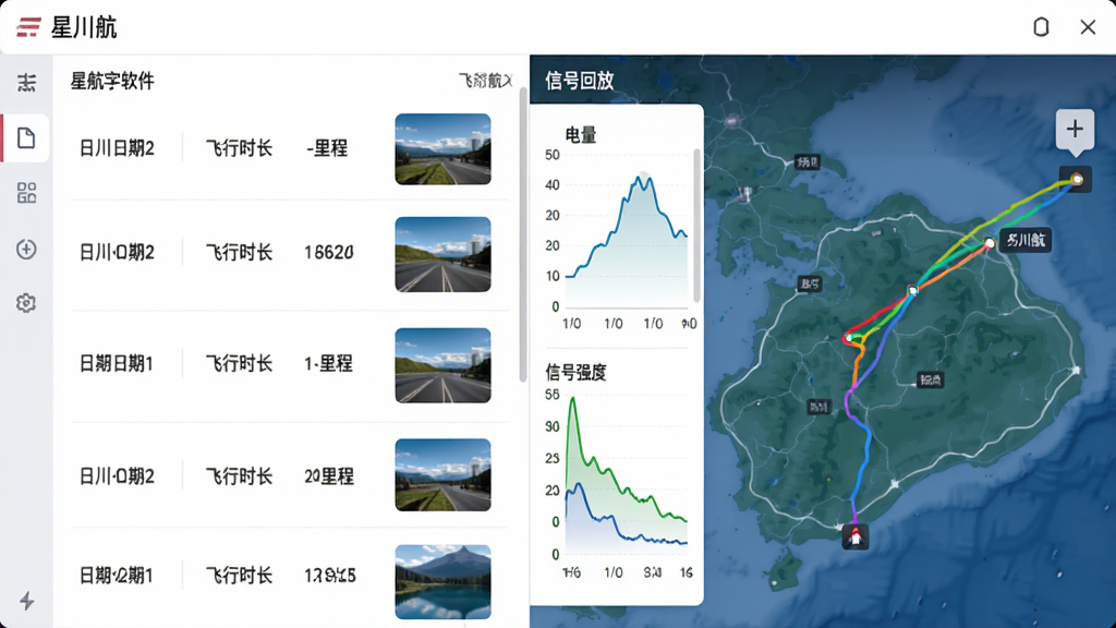 星川航软件飞行记录界面,以列表形式展示多条历史飞行记录,每条记录包含日期、飞行时长、里程和缩略图。点开一条记录后展示轨迹回放地图,地图上绘制有彩色飞行路线,左侧栏显示电量曲线和信号强度曲线。整体UI采用白底配深色文字,风格简约,图片标注“星川航”字样,画质干净,无多余元素。