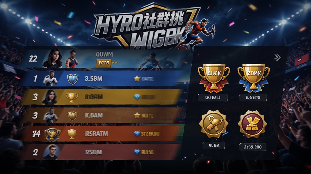 Hyro社群挑战界面,展示排行榜和用户成就徽章,背景为赛事海报,布局层次分明,风格热血动感,细节包括排名数字和奖励图标,画质锐利