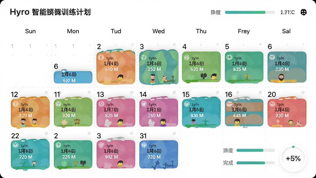 Hyro智能训练计划界面,展示一周训练安排,以日历形式呈现,不同颜色标记不同训练类型,配以进度条和完成百分比,布局清晰,风格清爽,细节包括日期和训练时长,画质干净
