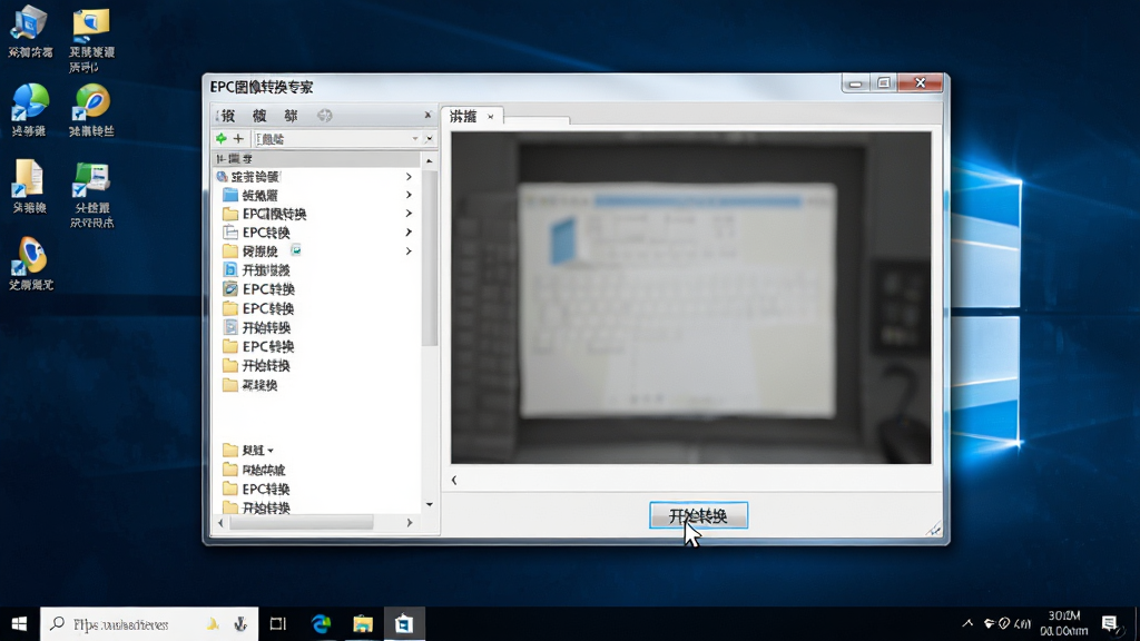 主体:EPC图像转换专家在Windows桌面运行的截图,背景有任务栏和桌面图标;布局:软件窗口居中,左侧文件列表,右侧预览区;排版:窗口边缘有阴影效果,整体协调;风格:写实风格,贴近真实使用场景;细节:屏幕中显示“EPC图像转换专家”主界面,鼠标指针指向“开始转换”按钮;画质:高清,干净无无关元素。