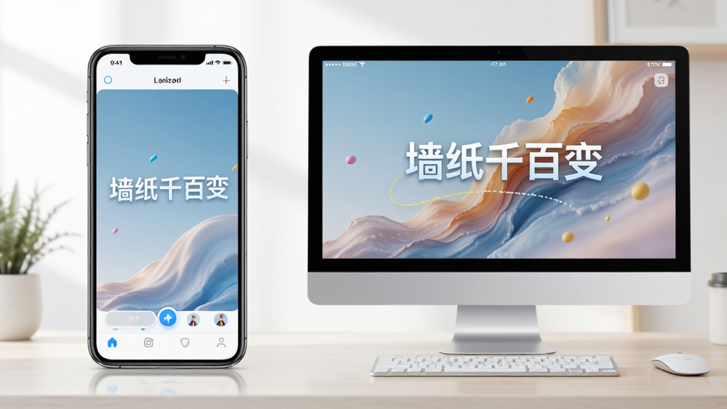 主体为一部智能手机和一台电脑并排摆放,屏幕上都显示着“墙纸千百变”的壁纸应用界面,布局为对比展示,风格简洁明快,细节上体现软件界面的流畅感与壁纸的高清质感,画质干净无多余元素