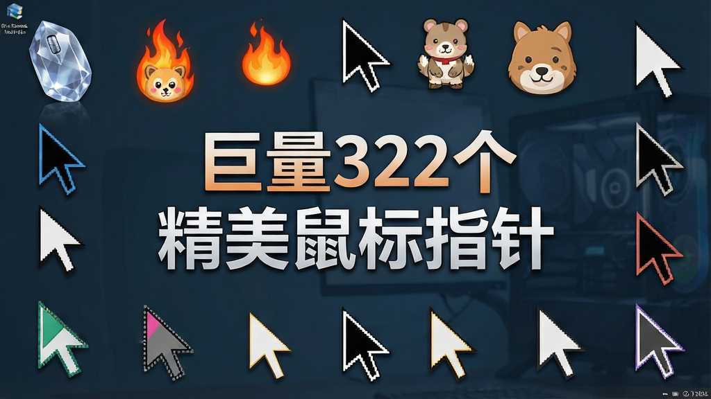 一张高清的电脑桌面截图,桌面上显示着各种风格迥异的鼠标指针样式,包括水晶质感、火焰特效、卡通动物、极简几何等,排列成环形展示,主体是“巨量322个精美鼠标指针”的艺术字标题,布局居中,排版整齐,风格写实,细节丰富,画质清晰,干净,无多余元素