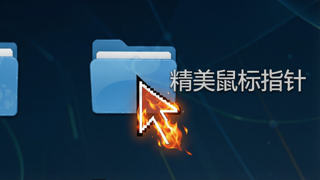 一张电脑桌面截图,画面中鼠标指针悬浮在文件夹图标上,指针样式为炫酷的火焰效果,旁边有“巨量322个精美鼠标指针”的文字水印,布局居中,排版简洁,风格写实,细节清晰,画质高清,干净,无多余元素