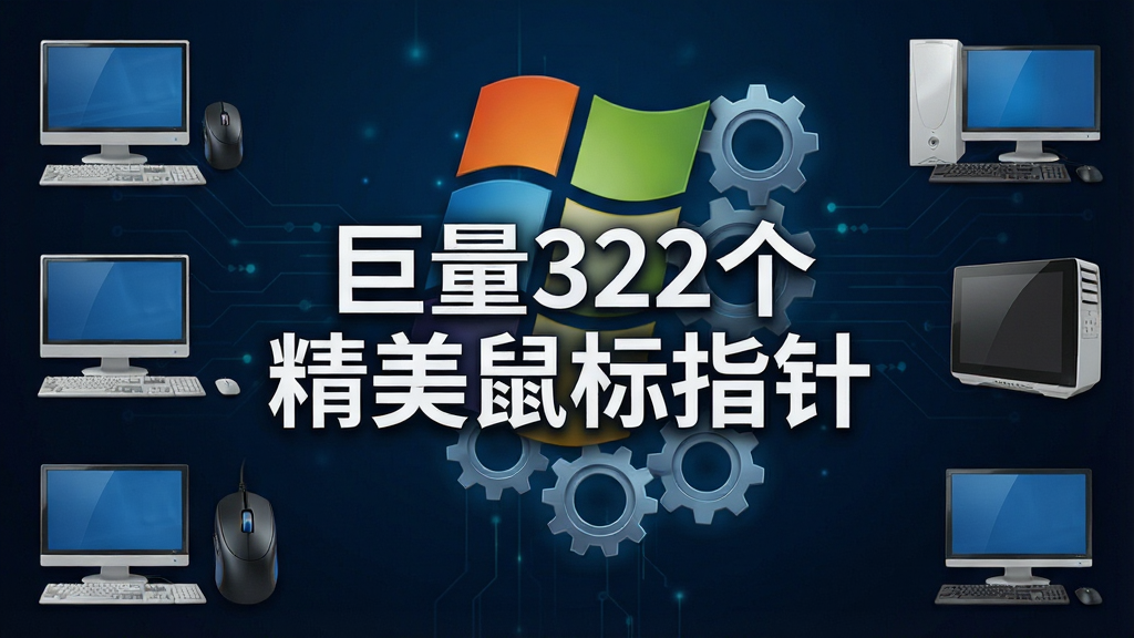 一张展示电脑系统兼容性的示意图,画面中央是“巨量322个精美鼠标指针”的文字,背景是Windows系统标识和齿轮图标,四周分布着各种型号的电脑设备,布局均衡,排版专业,风格科技感,细节丰富,画质清晰,干净,无多余元素