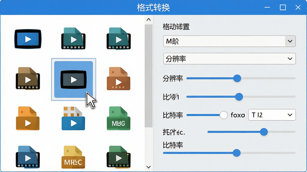 主体:软件转换格式选择界面,左侧列出多种视频格式图标,右侧显示当前选中的MPEG格式详情。布局:界面分为左右两栏,左侧为格式列表,右侧为参数设置区域,顶部有“格式转换”标题。排版:图标排列整齐,参数设置项使用下拉菜单和滑块控件。风格:简洁、现代、蓝白色调。细节:鼠标指针悬停在MPEG图标上,参数区域显示分辨率和比特率选项,背景为浅灰色。画质:高清、干净、无多余元素。