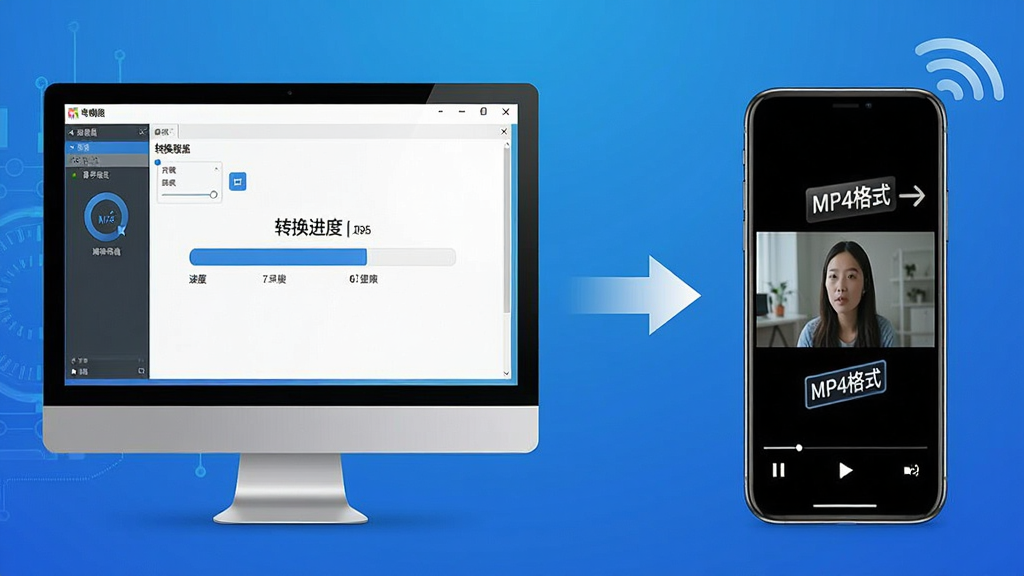 主体:电脑屏幕显示软件运行界面,旁边有移动设备(手机)播放视频的对比图。布局:左侧为电脑,右侧为手机,中间有箭头表示转换和传输。排版:电脑屏幕显示转换进度,手机屏幕显示播放画面,背景为渐变蓝色。风格:科技感、对比明显。细节:手机屏幕上的视频画面清晰,标注“MP4格式”,背景有无线网络图标。画质:高清、干净、无多余元素。