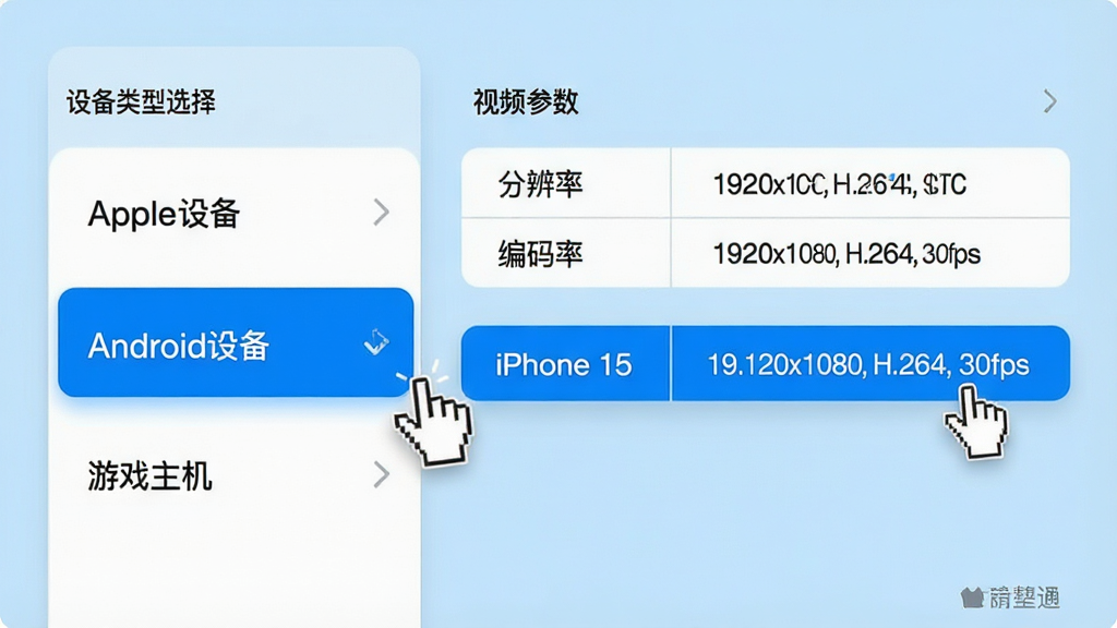 主体:设备预设选择界面,左侧为设备类型列表,右侧显示推荐的视频参数。布局:列表包括“Apple设备”、“Android设备”、“游戏主机”等分类,右侧显示分辨率和编码信息。排版:分类清晰,参数以表格形式呈现,选中项高亮。风格:简洁、清爽、蓝白配色。细节:鼠标指向“iPhone 15”预设,右侧显示“1920x1080, H.264, 30fps”,背景为浅蓝色。画质:高清、无多余元素。