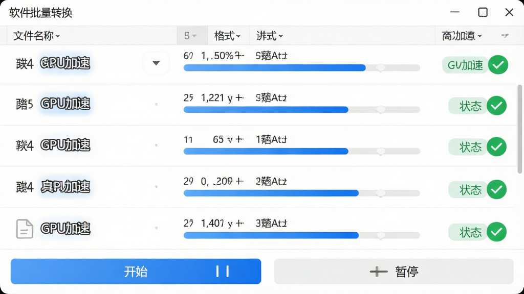主体:软件批量转换界面,多个视频文件正在排队转换,进度条快速前进。布局:列表形式展示文件信息,每行显示文件名、格式、进度和状态,底部有“开始”和“暂停”按钮。排版:列表整齐,进度条为蓝色,状态标签为绿色对勾。风格:高效、现代、浅色背景。细节:显示“GPU加速”标识,文件数量为5个,进度条均超过50%,背景为白色。画质:清晰、干净、无多余元素。