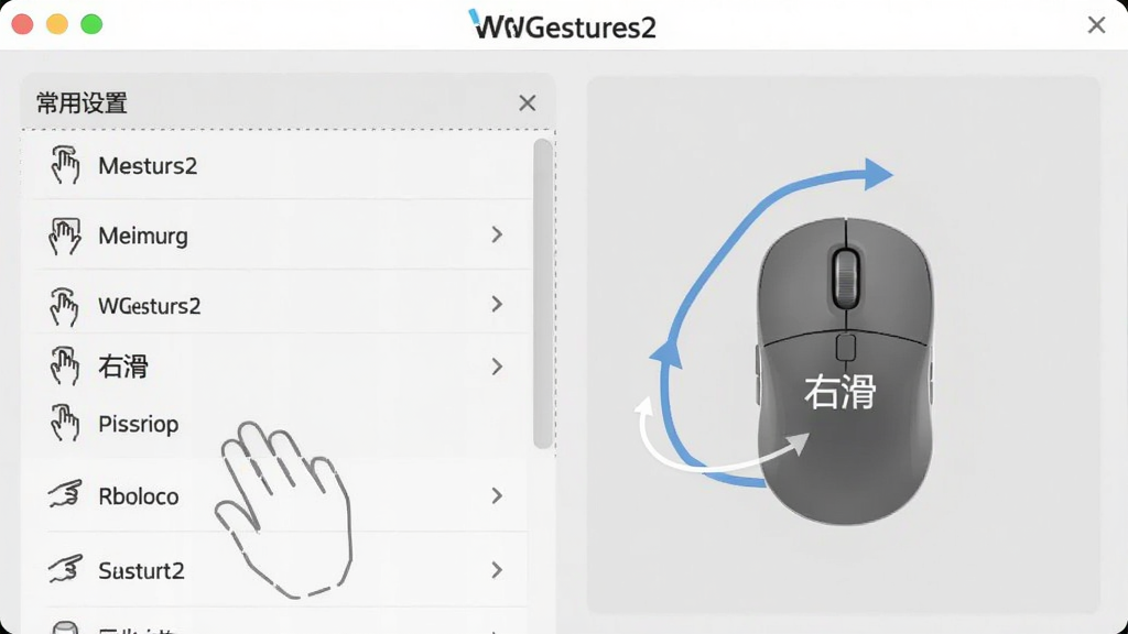 画面主体为WGestures2手势设置界面,左侧列出常用手势列表,右侧展示一个鼠标轨迹示例图,轨迹上标注“右滑”动作。背景为浅灰色设置面板,顶部有“WGestures2”品牌标识。布局左右对称,排版规整,风格清爽,细节清晰,画质干净无多余元素。