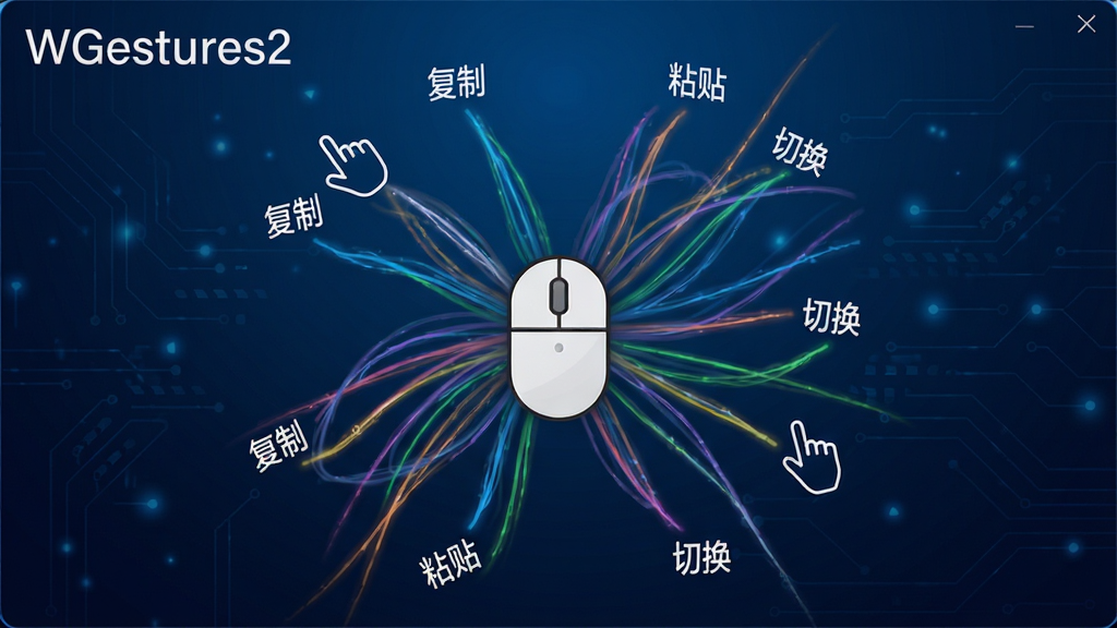 画面主体为WGestures2软件界面,居中展示一个简洁的鼠标图标,周围环绕着多彩的轨迹线条,线条上标注着“复制”、“粘贴”、“切换”等手势动作名称。背景为深蓝色科技感渐变,左上角有白色“WGestures2”字样。布局采用中心放射状,排版清晰,风格现代简约,细节丰富,画质高清干净无多余元素。