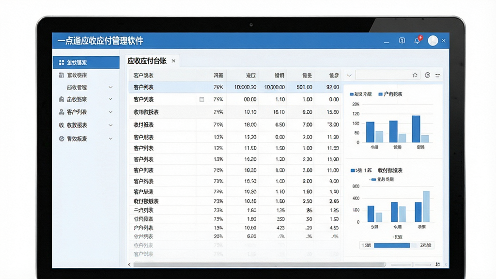画面主体为“一点通应收应付管理软件”在电脑屏幕上的主界面截图,界面清晰展示应收应付台账、客户列表、收付款报表等模块;布局采用左导航栏+右侧数据表格形式,整体风格扁平化,以蓝色和白色为主色调,细节处展示数据行和统计图表,画质高清干净,无多余元素。