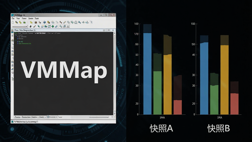 一幅对比分析图像,左侧为VMMap软件界面截图,右侧为两组不同颜色的柱状图对比,下方有