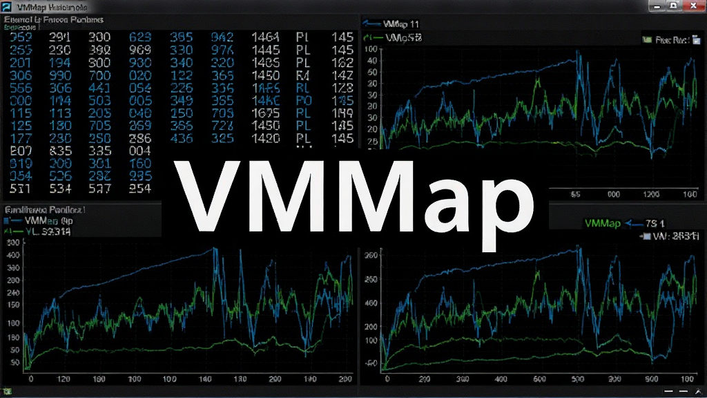 VMMap实时监控界面图像,屏幕上显示不断跳动的数字和动态图表,图表线条以蓝色和绿色为主,背景为黑色,整体氛围专业,画面中央有