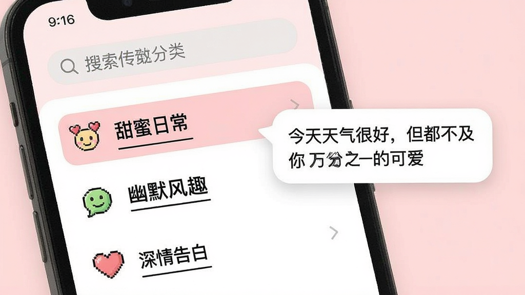 主体:一部手机屏幕展示“恋爱情侣聊天话术键盘”的情景分类列表,如“甜蜜日常”、“幽默风趣”、“深情告白”。布局:手机屏幕占满画面,左侧列表清晰可见。排版:采用列表式布局,每个分类前有形象的图标。风格:清新简洁的UI设计风格,背景为淡粉色。细节:屏幕上方有搜索栏,分类条目有下划线,其中“甜蜜日常”条目被高亮选中,旁边弹出预览气泡,显示“今天天气很好,但都不及你万分之一的可爱”。画质:细腻,干净,无多余元素。