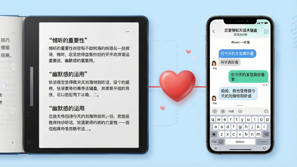 主体:一本打开的电子书页面,左侧是文字技巧,右侧是手机屏幕展示“恋爱情侣聊天话术键盘”的实战应用示例。布局:左右分栏设计,画面中心是一颗连接书本与手机的爱心。排版:左侧文字段落清晰,右侧手机界面有对话气泡。风格:知识科普与科技感结合的现代风格,背景为浅蓝色。细节:书本页面上写有“倾听的重要性”、“幽默感的运用”等标题,手机对话气泡中显示“你今天的发型真好看”和“哈哈,我也觉得我今天的刘海特别听话”。画质:高解析度,干净,无多余元素。