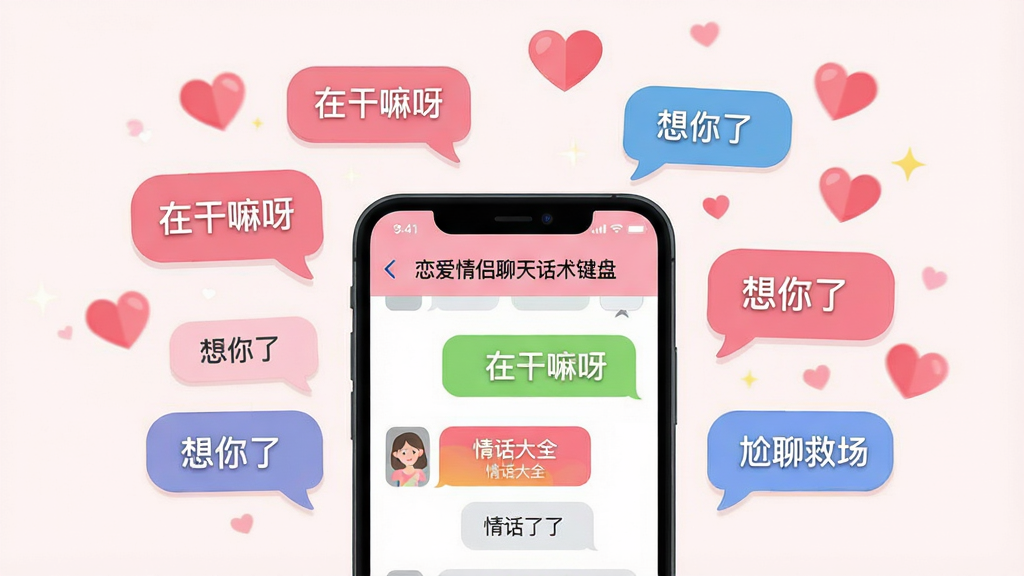主体:一部亮着屏幕的手机,屏幕上显示“恋爱情侣聊天话术键盘”的聊天界面,背景是温馨的粉色爱心气泡。布局:手机位于画面中央偏下,上方留出空间展示漂浮的对话气泡和爱心特效。排版:采用居中构图,气泡围绕手机屏幕四周扩散。风格:扁平化插画风格,色彩明快,细节丰富。细节:界面内包含“恋爱话术”、“情话大全”、“尬聊救场”等功能按钮,气泡中写有“在干嘛呀”、“想你了”等字样。画质:高清,干净,无多余元素。