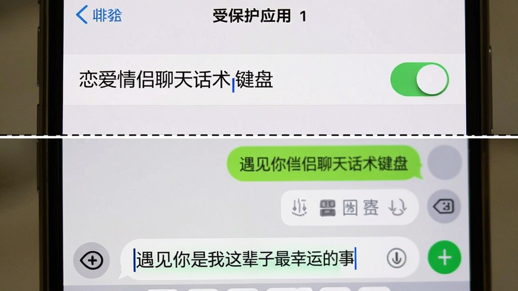 主体:一张分屏截图,上半部分是手机设置中“受保护应用”的界面,下半部分是“恋爱情侣聊天话术键盘”正在聊天对话框中输入文字的画面。布局:上下结构,中间用一条虚线分隔。排版:上方设置界面清晰,下方聊天界面有光标闪烁。风格:真实界面截图风格,光线柔和。细节:设置界面中“恋爱情侣聊天话术键盘”右侧开关处于开启状态,聊天界面输入框内显示“遇见你是我这辈子最幸运的事”。画质:清晰,真实,干净。
