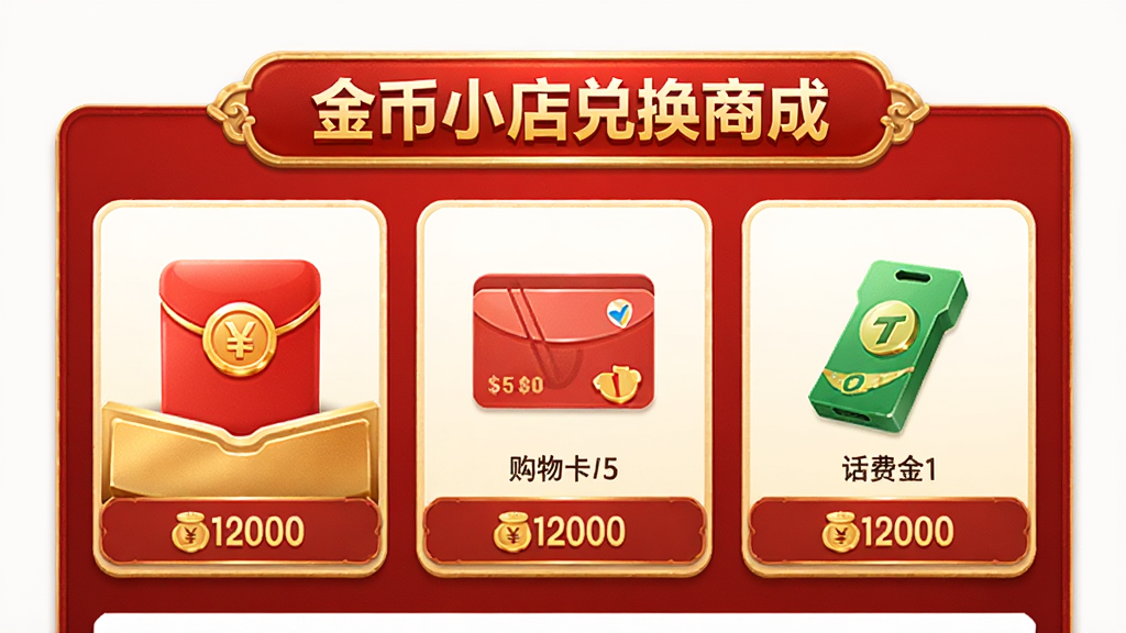 金币小店兑换商城页面,展示红包、购物卡、话费等兑换选项,每个选项下方标注所需金币数,界面以红色和金色为主调,商品图标精致,布局整齐,画质细腻,干净无多余元素