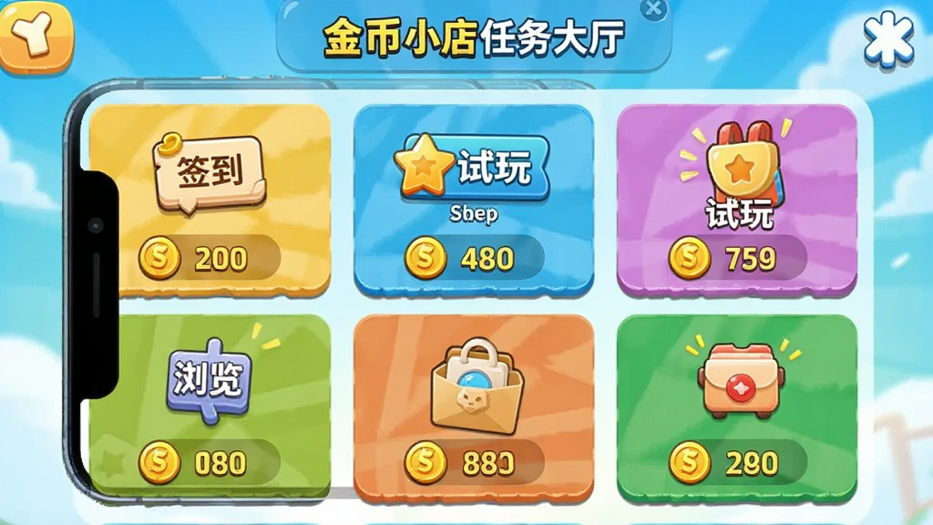 金币小店任务大厅界面,手机屏幕上展示多个任务卡片,包含签到、试玩、浏览等图标,每个任务标注金币奖励数量,背景明亮,卡片排列整齐,色彩丰富,画质清晰,无多余元素