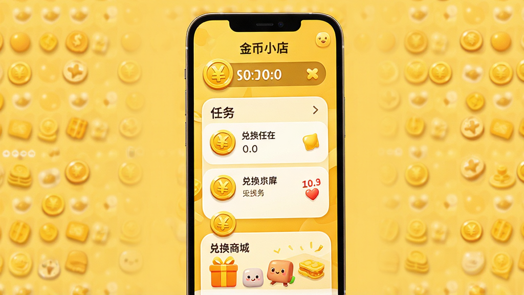 金币小店应用主界面展示,手机屏幕内显示金币余额、任务列表和兑换商城,背景为暖黄色调,界面布局简洁明快,图标圆润可爱,整体风格清新活泼,画质高清,干净无多余元素