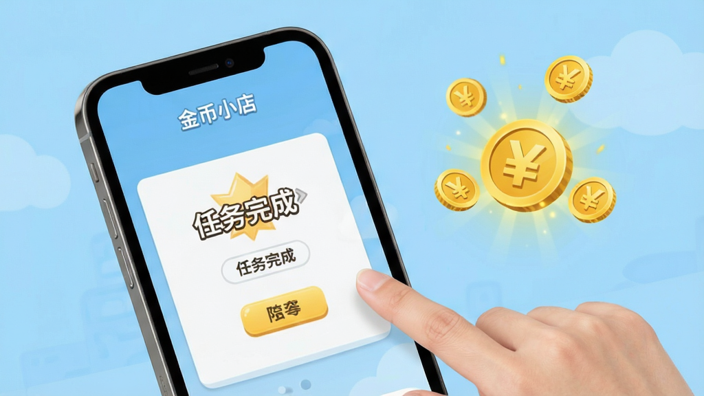 金币小店使用教程场景,手机屏幕显示任务完成页面,旁边有金币奖励动画,背景为浅蓝色,界面简洁,人物手指点击屏幕,画质清晰,无多余元素
